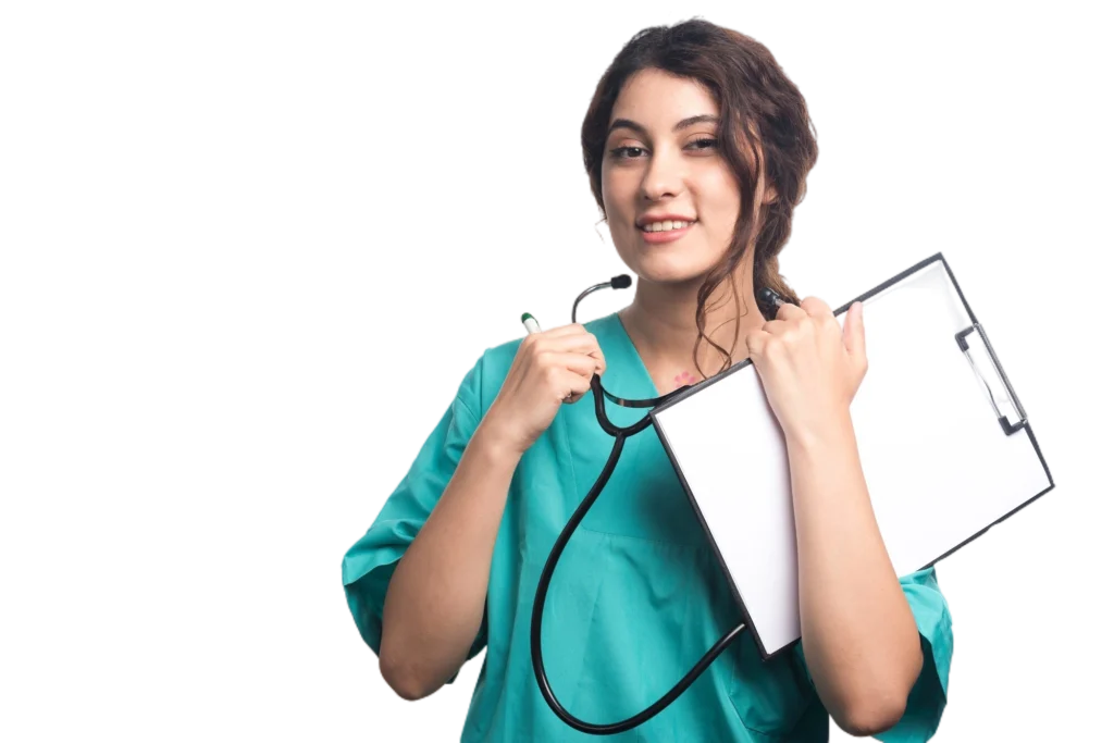 young-woman-doctor-with-stethoscope-holding-clipboard