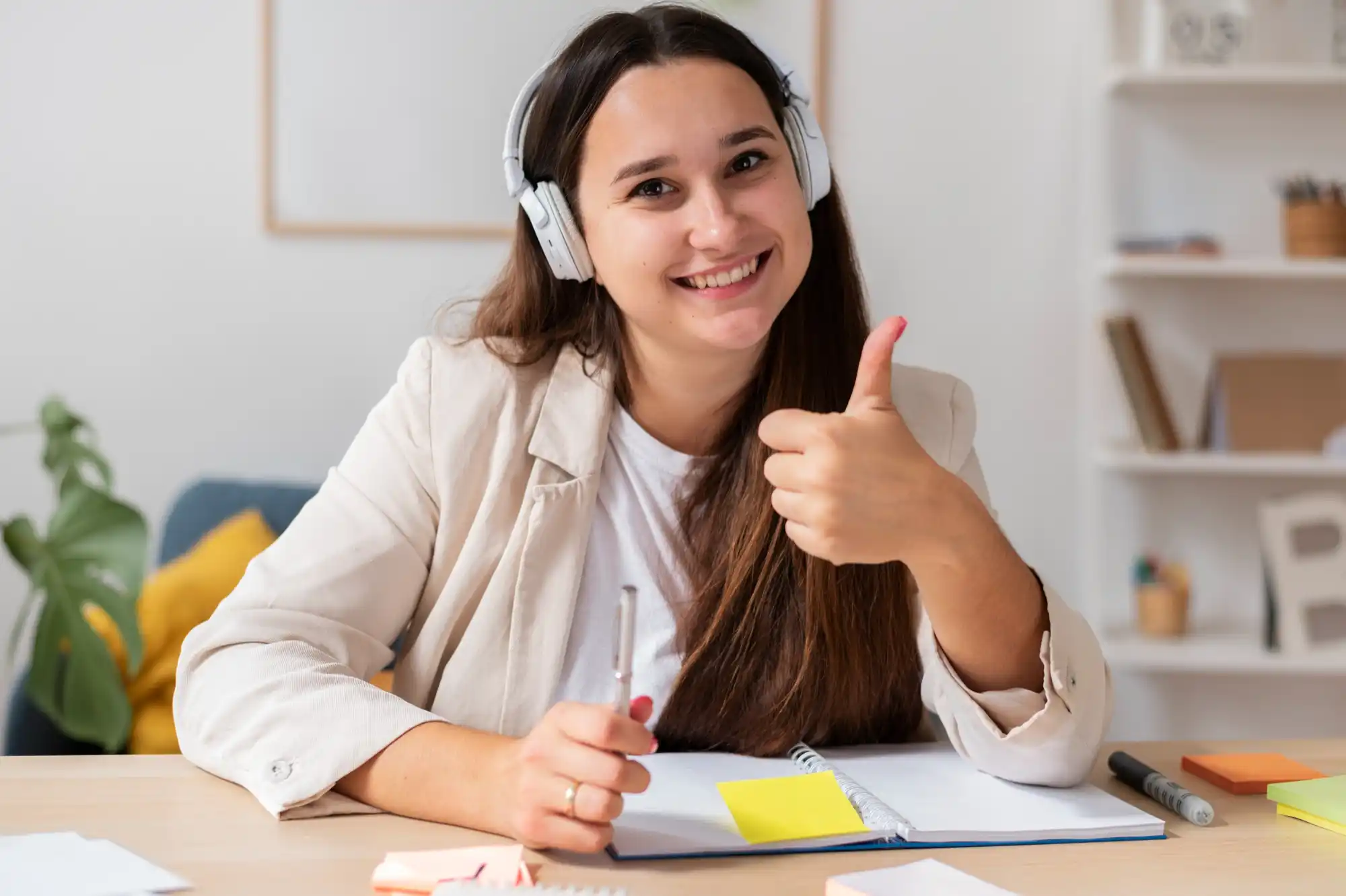 Confident student with headphones giving a thumbs-up while practicing OET speaking roleplays.